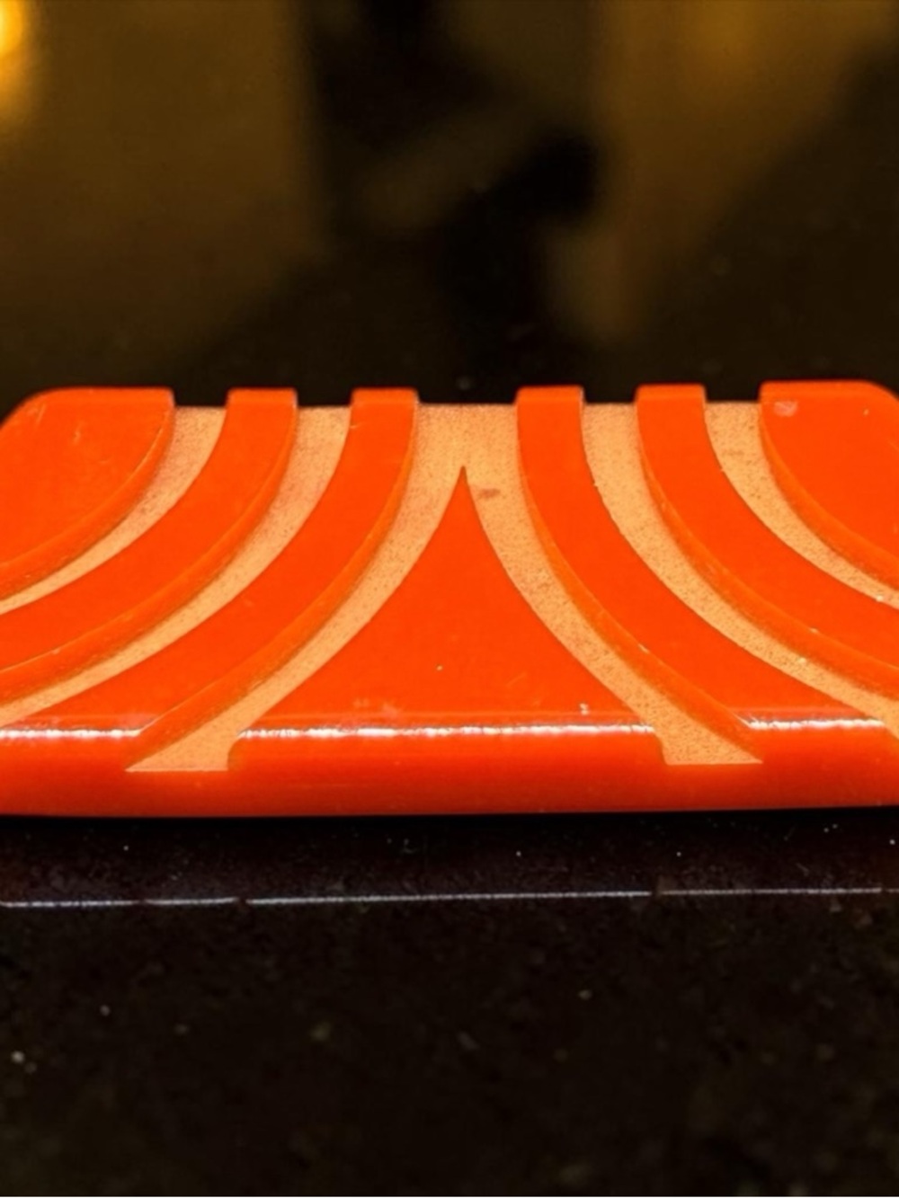 Vintage Carved  Bakelite Brooch Pin Orange Butterscotch 2" X 1" Tested Signed